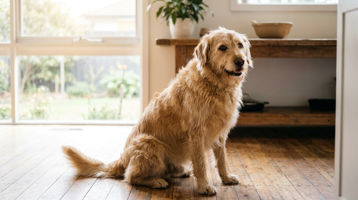 A healthy happy dog sitting attentively on a kitchen floor in natural light