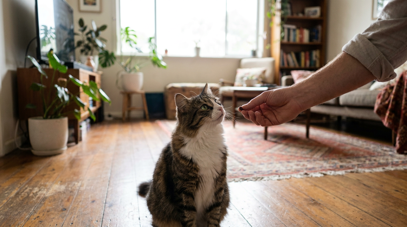 A healthy cat looking up as a hand offers a single small treat