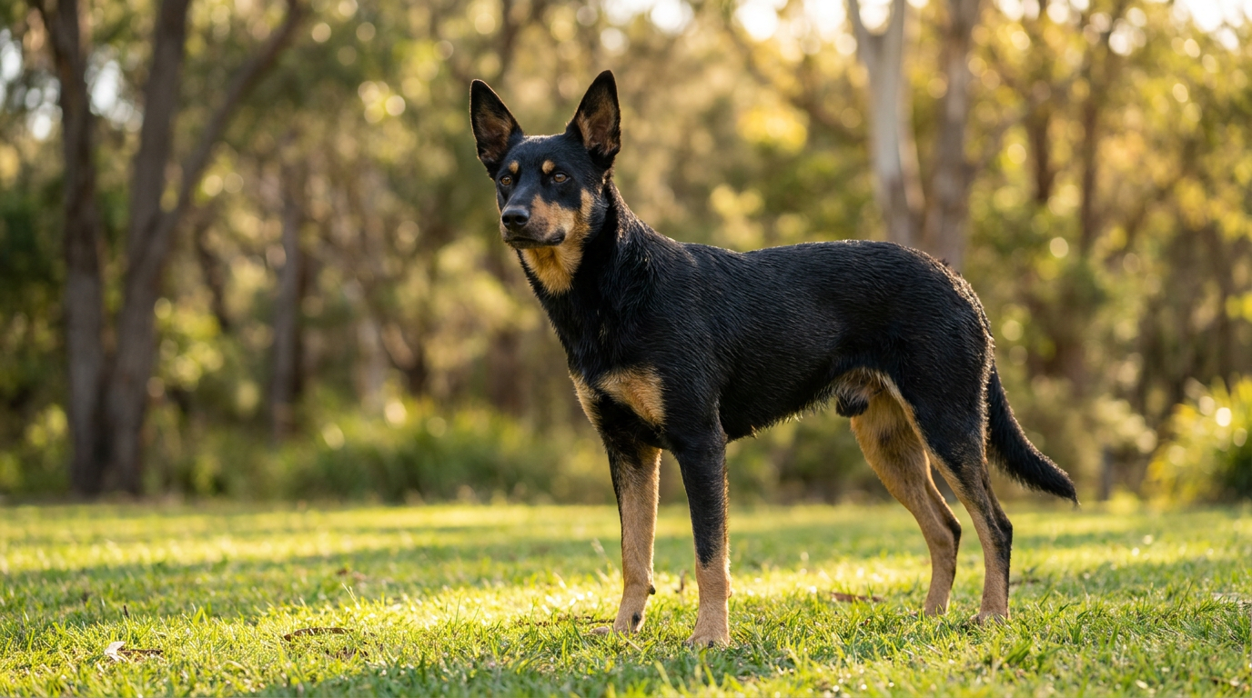 An alert, healthy Australian Kelpie standing on green grass in a park in natural light