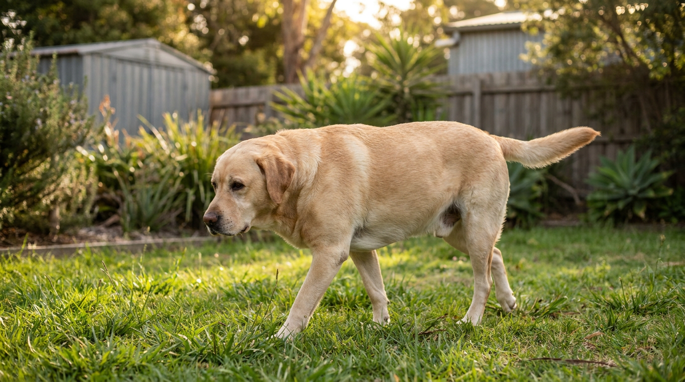 A healthy adult Labrador walking comfortably across grass in an Australian backyard