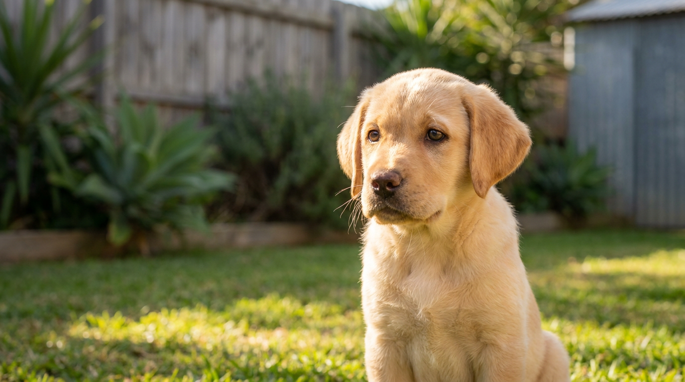 An adorable Labrador puppy sitting on green grass in an Australian backyard