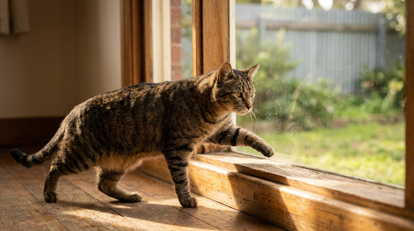 A tabby cat stepping easily up onto a sunlit timber windowsill in an Australian home, showing comfortable joint mobility