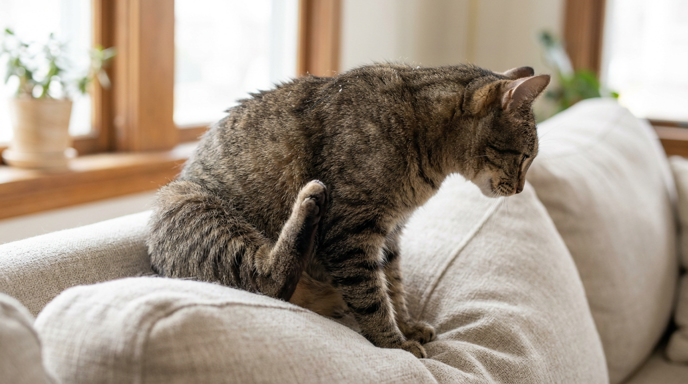 A tabby cat pausing mid-groom on a linen sofa, scratching at its flank with slightly ruffled, flaky coat along the back