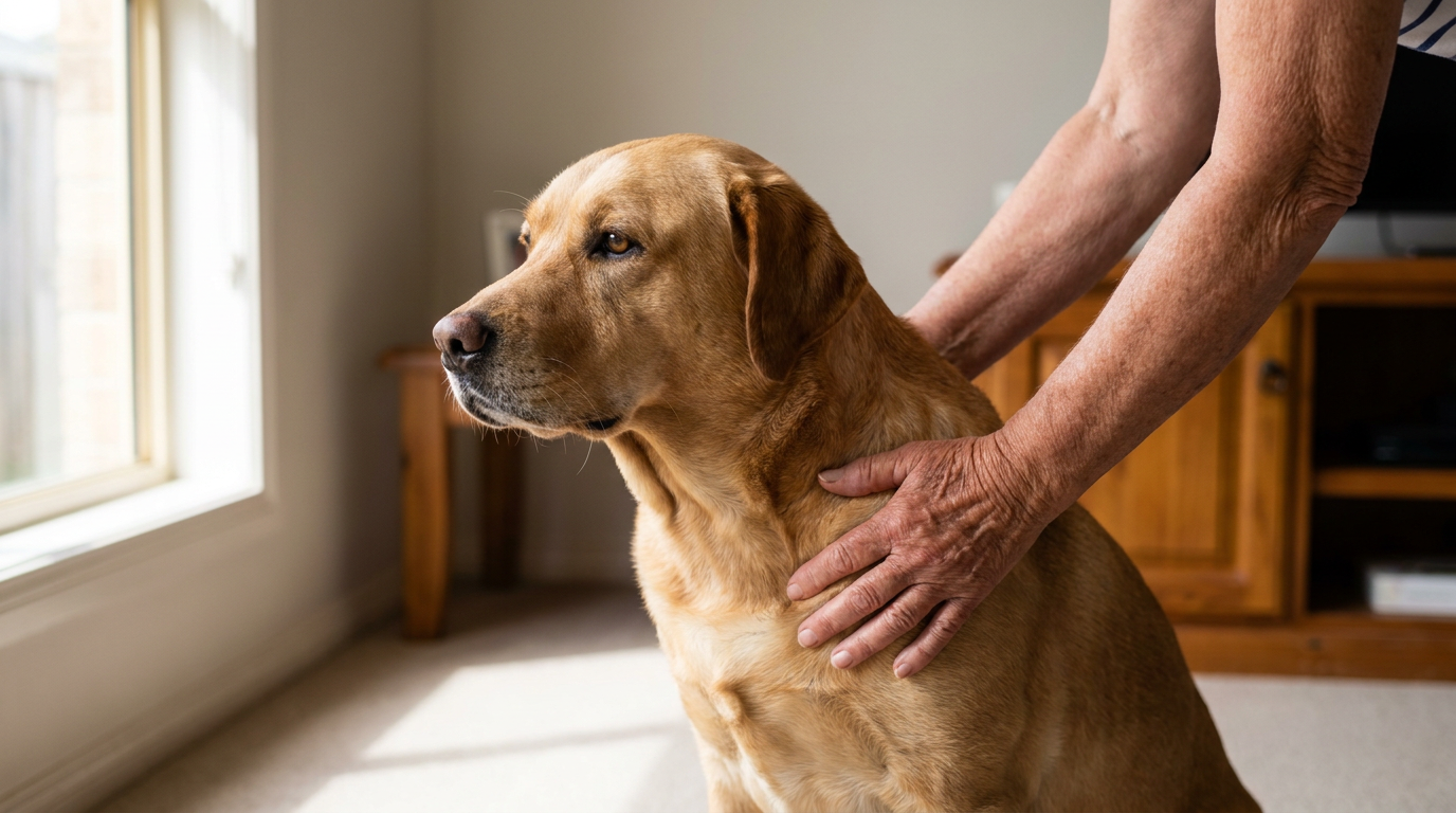 Hands gently steadying the shoulder of a calm older Labrador during a careful health check in natural daylight