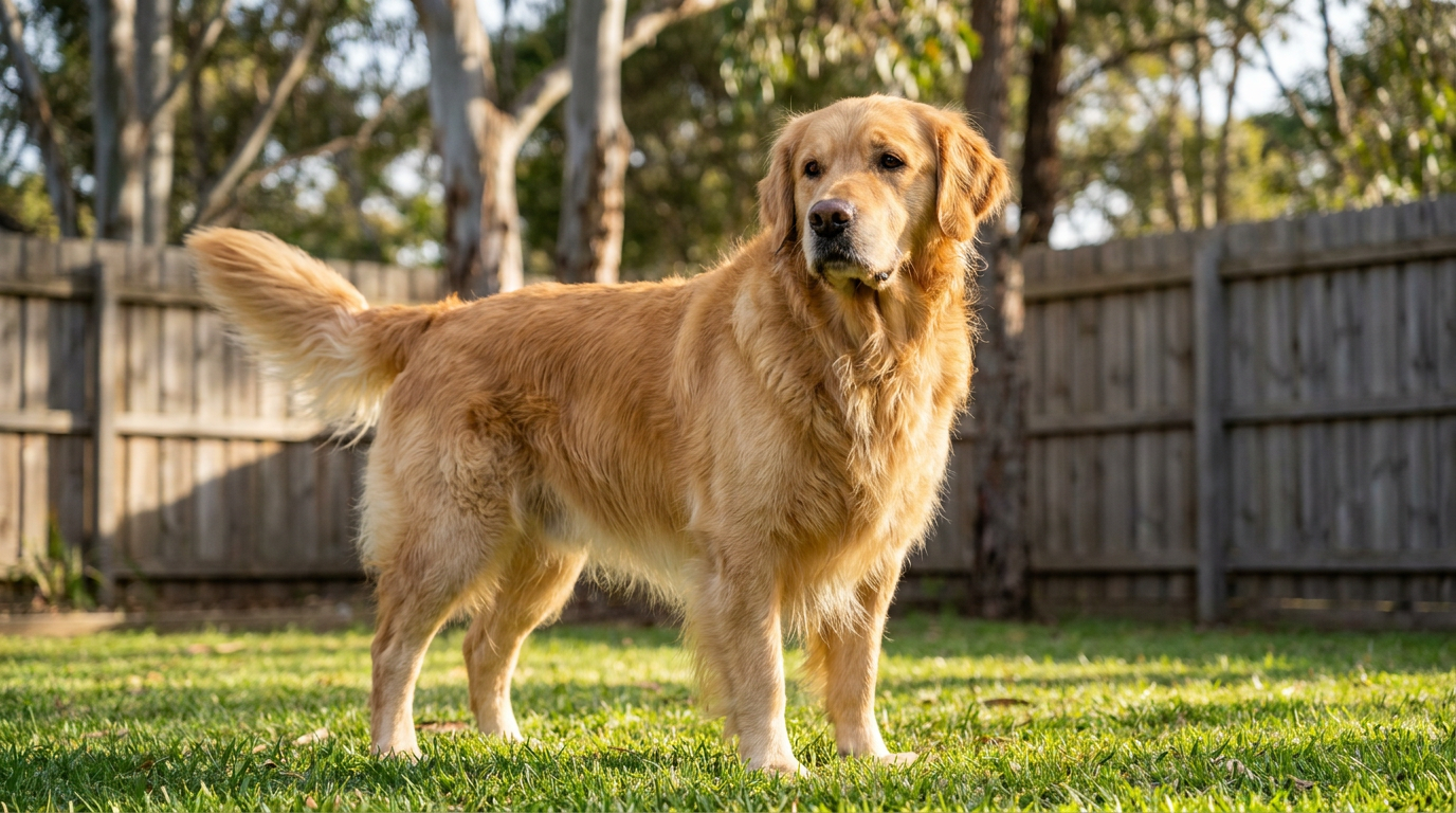 A healthy adult golden retriever standing on grass in a suburban Australian backyard in late afternoon light
