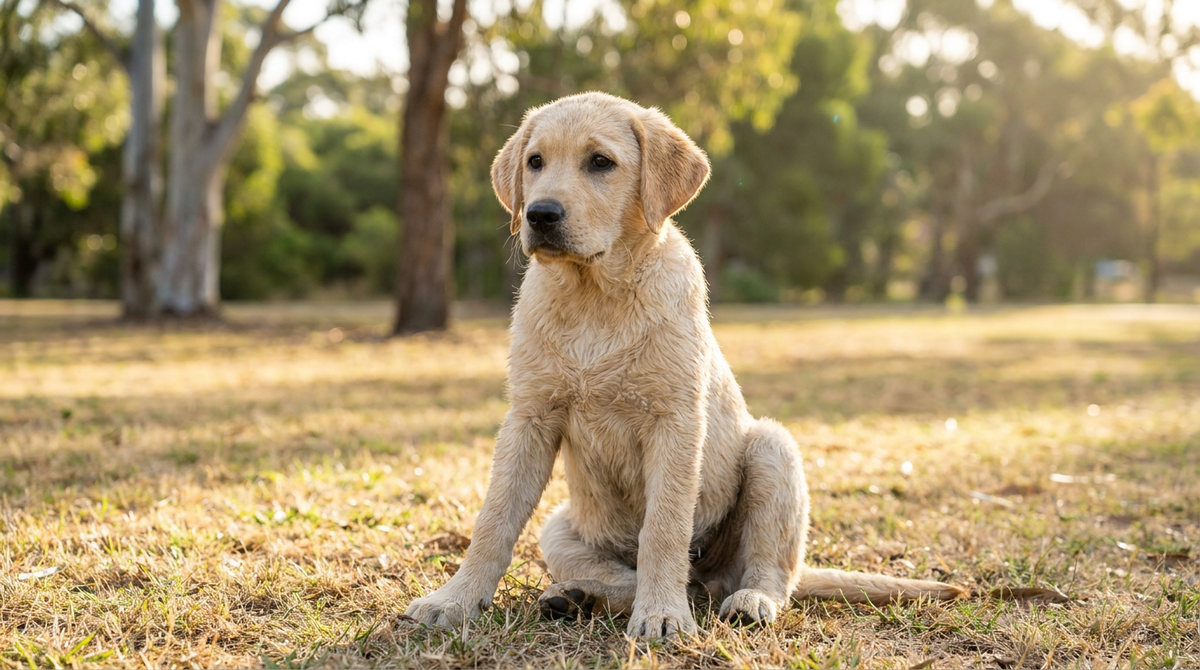 A large-breed labrador puppy with oversized paws sitting on grass in an Australian park