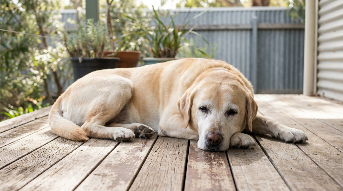 A senior labrador with a grey muzzle resting on a timber deck at an Australian home