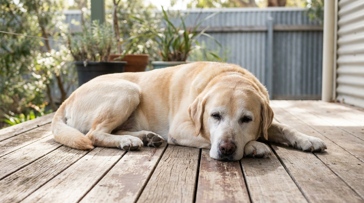 A senior labrador with a grey muzzle resting on a timber deck at an Australian home