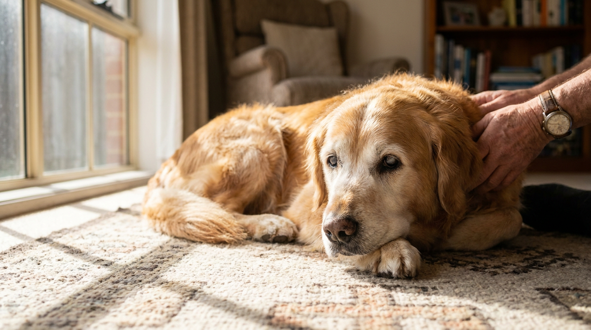 A senior golden retriever resting comfortably on a rug in warm natural light