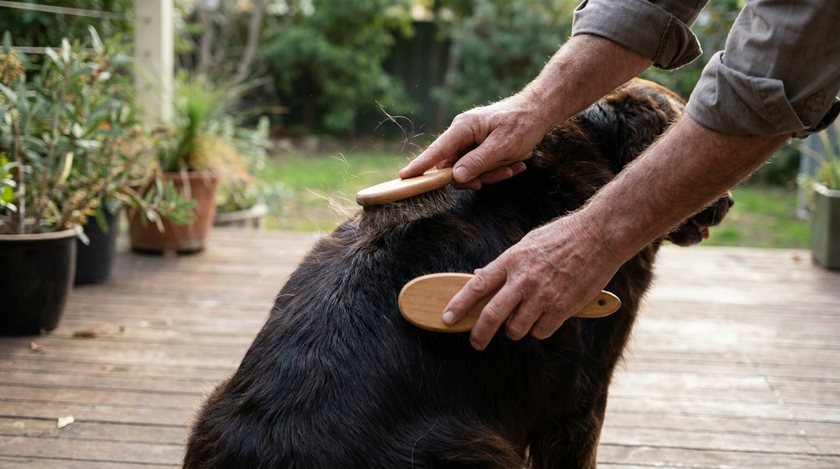 A dog with a glossy coat being gently brushed outdoors