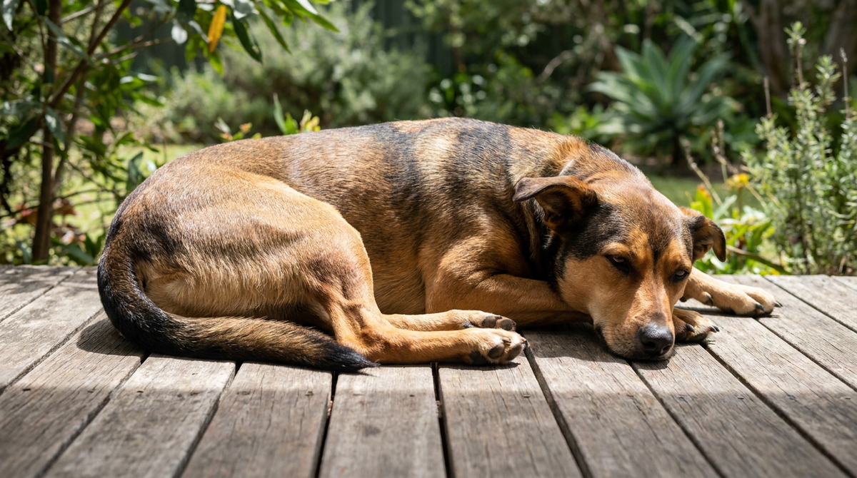 Healthy kelpie cross dog resting calmly on a sunlit timber deck at an Australian home