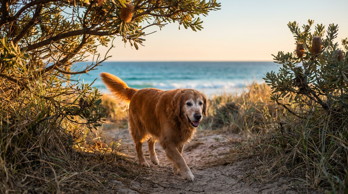 Healthy older golden retriever walking comfortably along a sunlit grassy coastal path in warm morning light