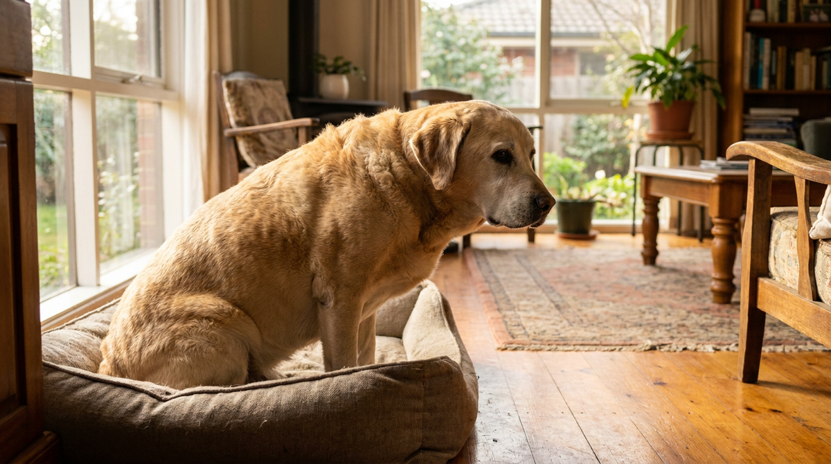 Older grey-muzzled labrador getting up slowly from a dog bed