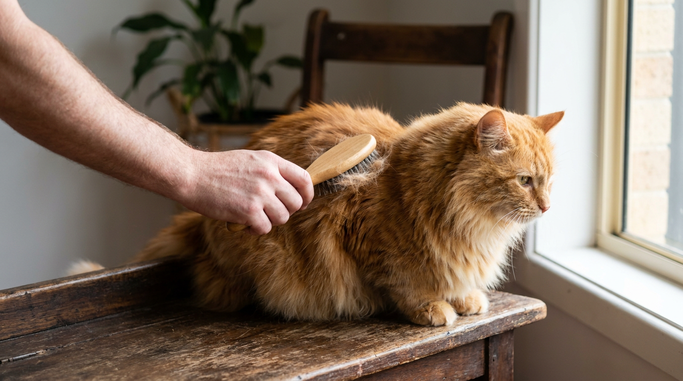 A long-haired ginger cat being brushed, the most effective way to reduce hairballs