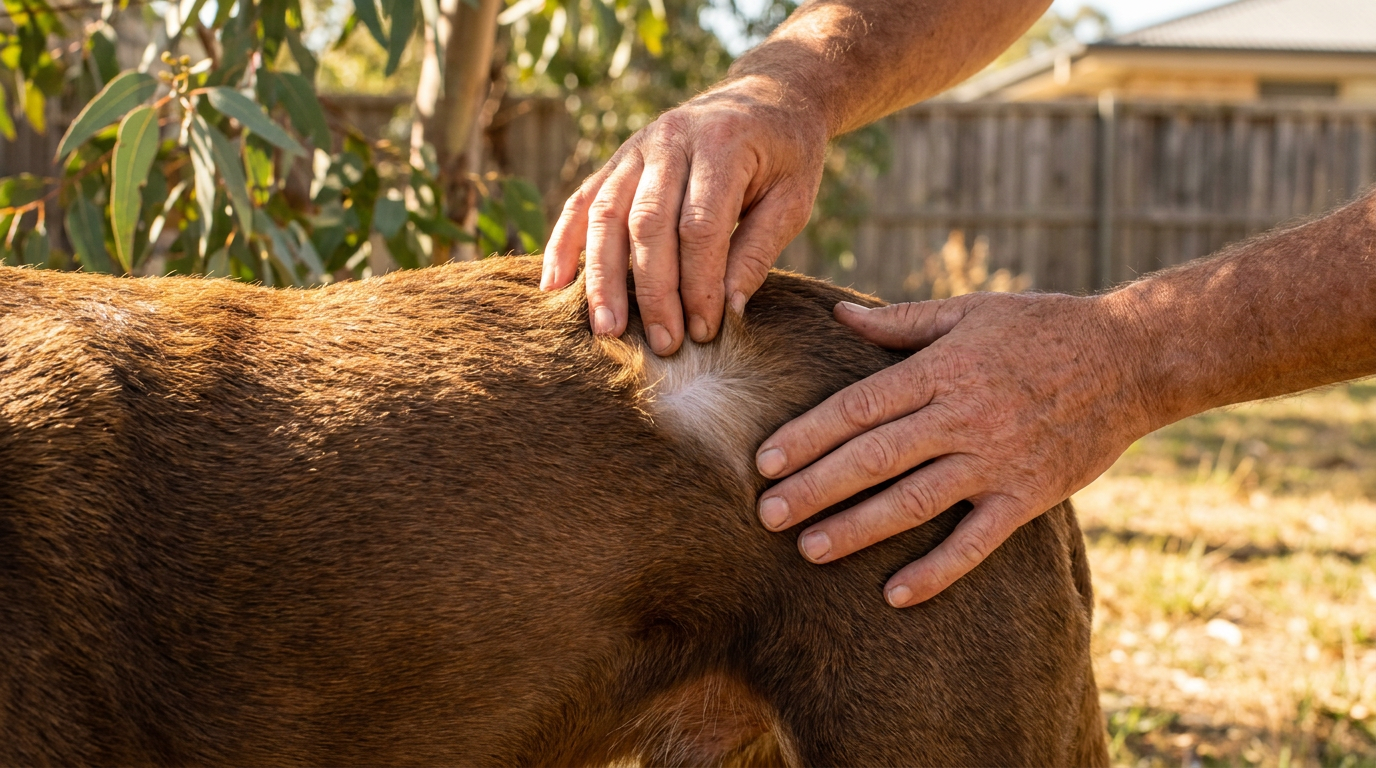 Hands gently parting a dog's coat to check the skin on its back
