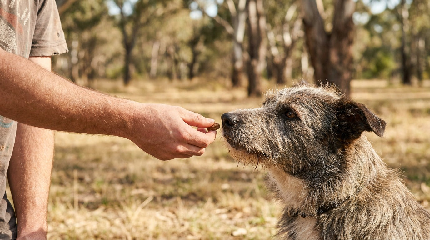 A dog gently taking a small low-fat training treat from a person's hand in a sunny park