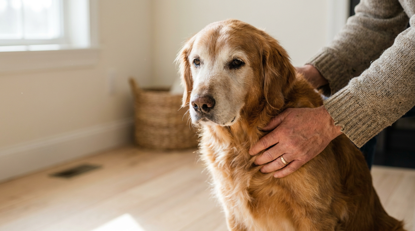 A calm senior golden retriever gently reassured by a person's hands during a veterinary check
