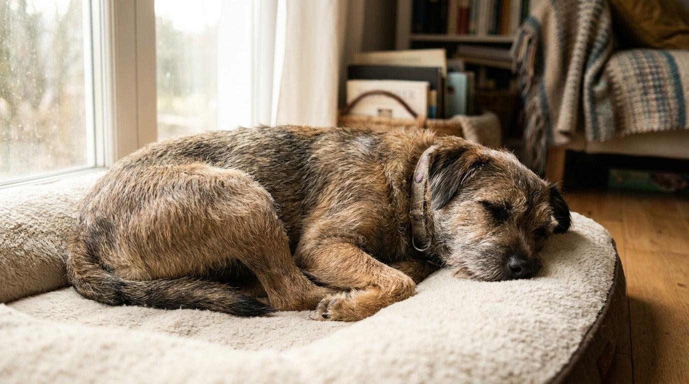 A dog resting calmly and comfortably on a soft bed at home in gentle natural light while recovering