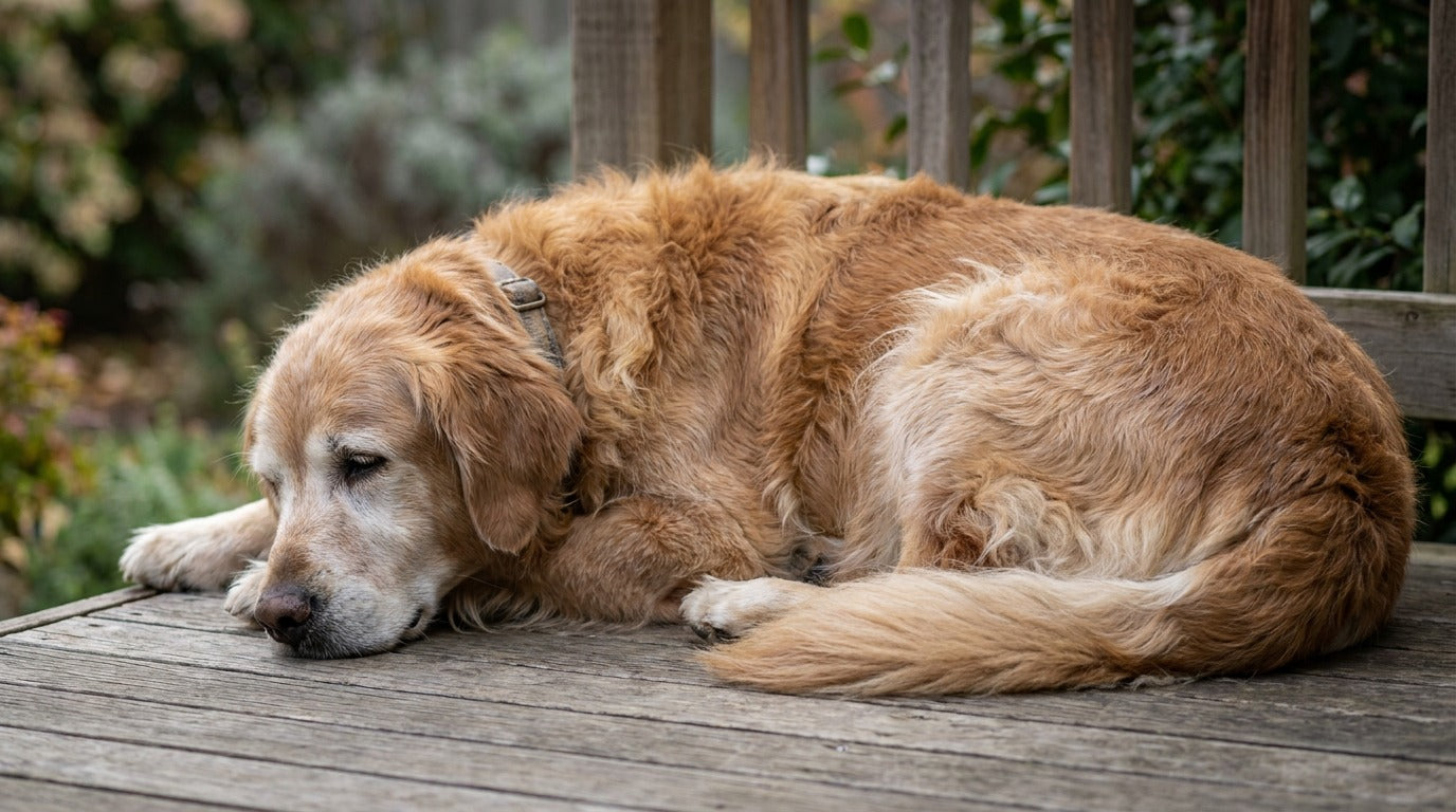 A calm senior dog with a grey muzzle resting on a timber deck