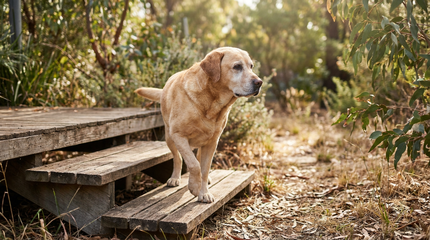 A Labrador hesitating at the bottom of backyard stairs, an early sign of joint stiffness in dogs