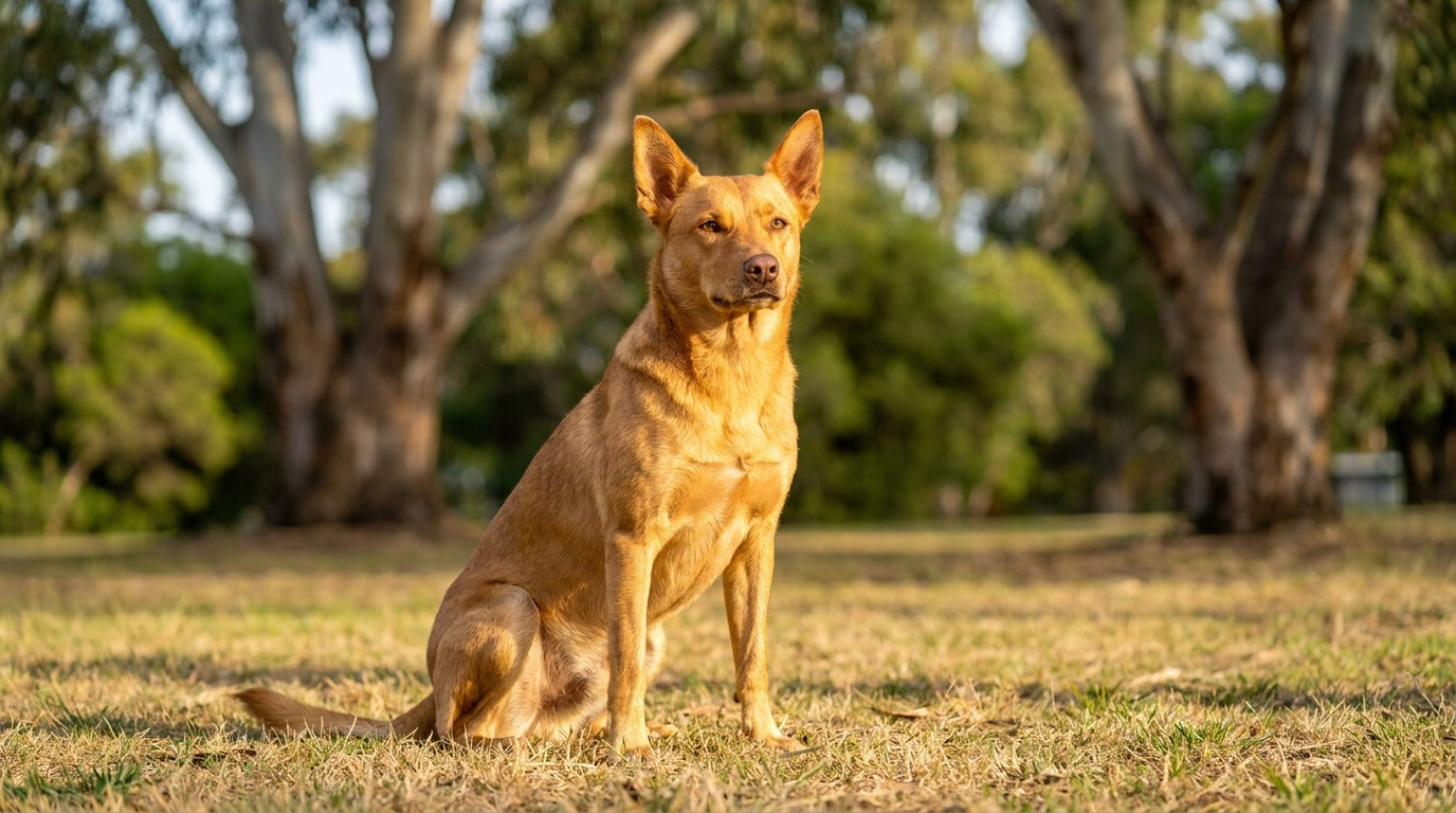 A healthy tan kelpie with a glossy coat sitting in an Australian park