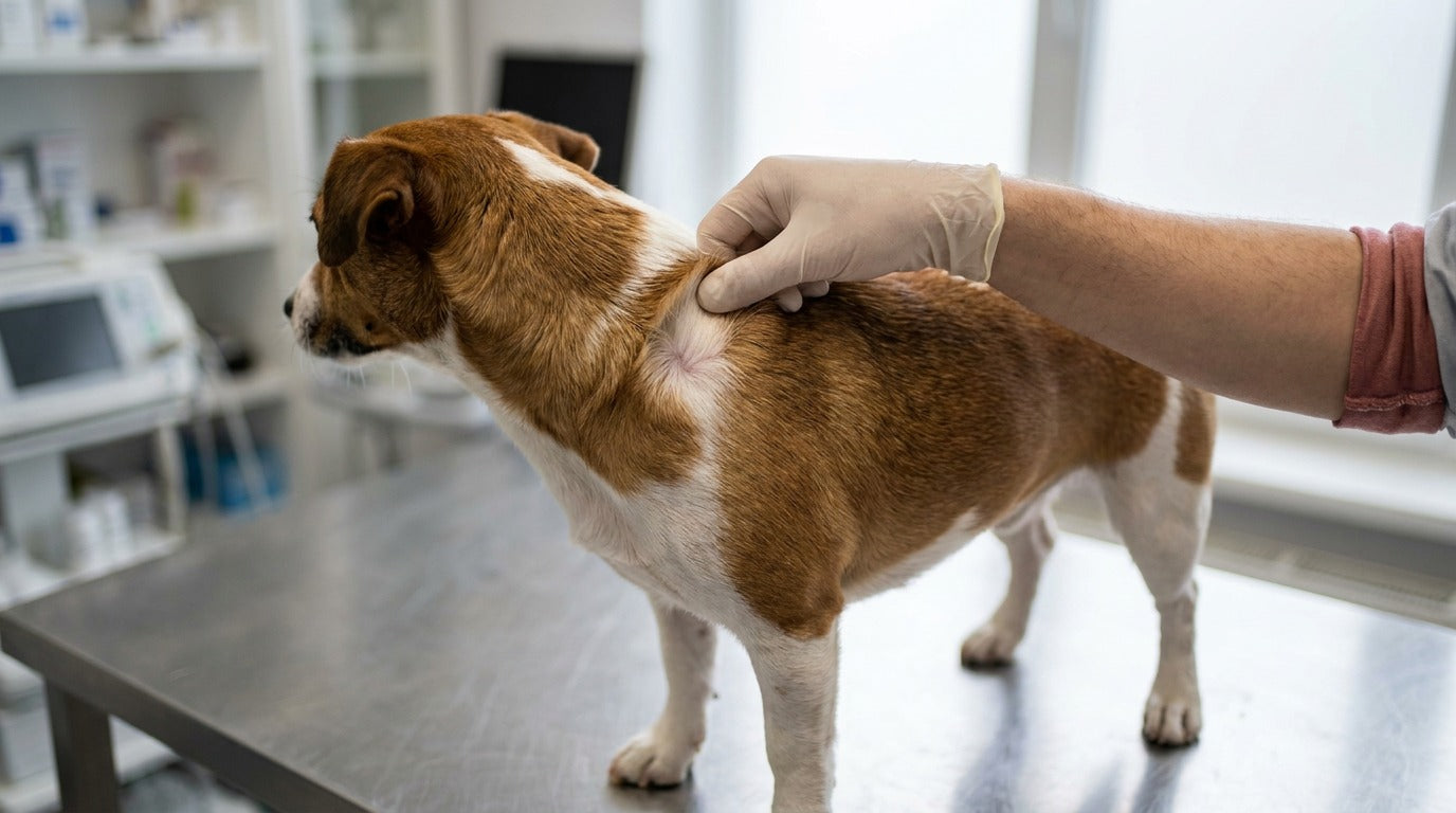 A calm dog on a clean clinic surface as a gloved hand checks its coat