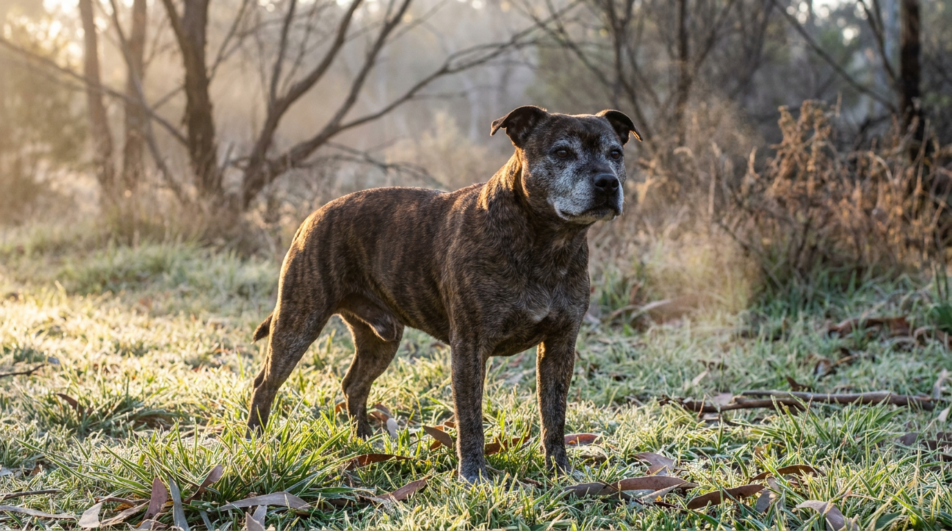 A healthy older Staffordshire bull terrier standing on frosty grass in an Australian park on a cold winter morning